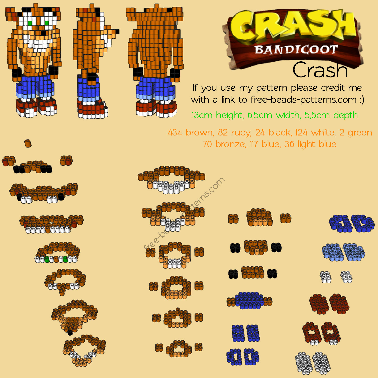 3D Crash Bandicoot free perler beads hama beads pyssla pattern