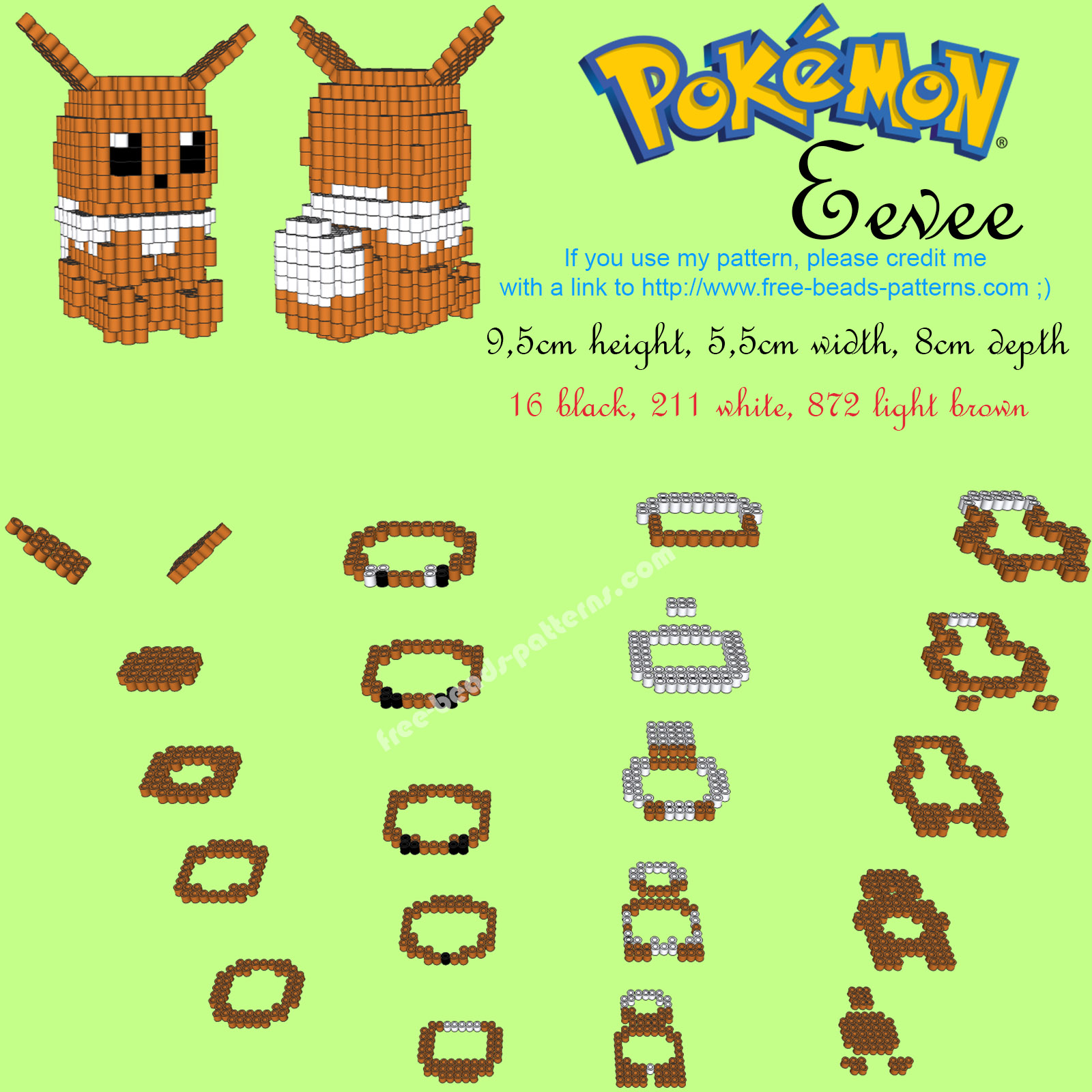 3D Eevee Hama Beads Perler beads Pokemon free design