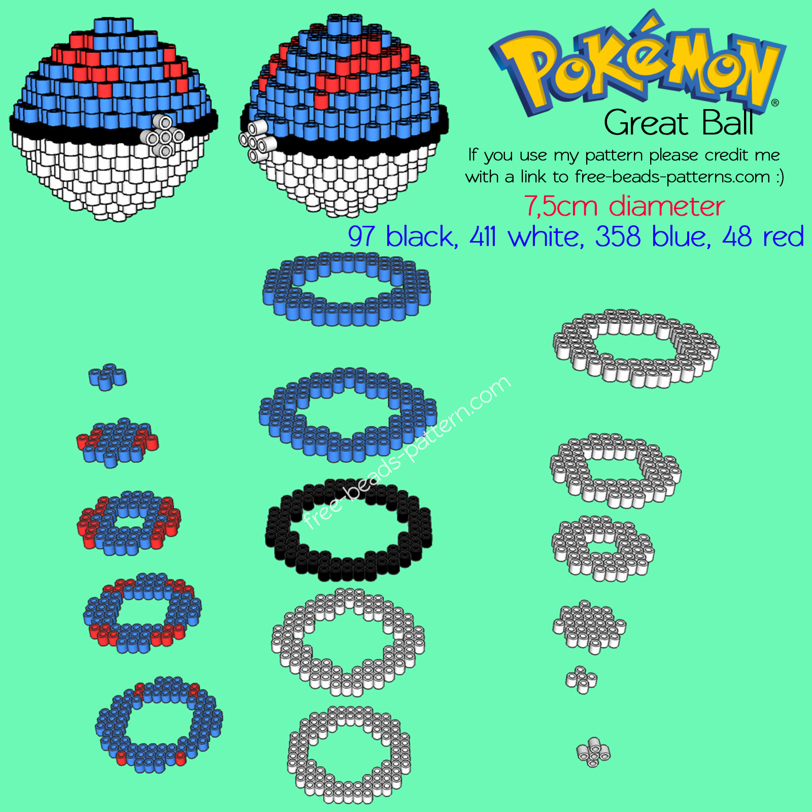 3D Great Ball free Pokemon perler beads hama beads pyssla pattern