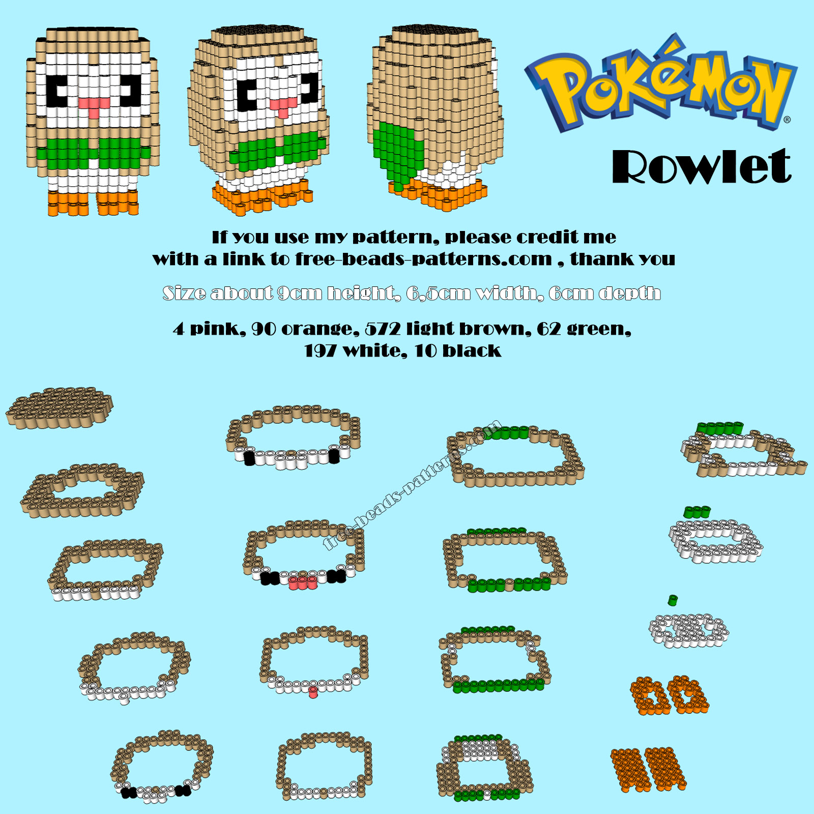 3D Hama Beads Perler Artkal Pokemon Sun Moon Rowlet free pattern