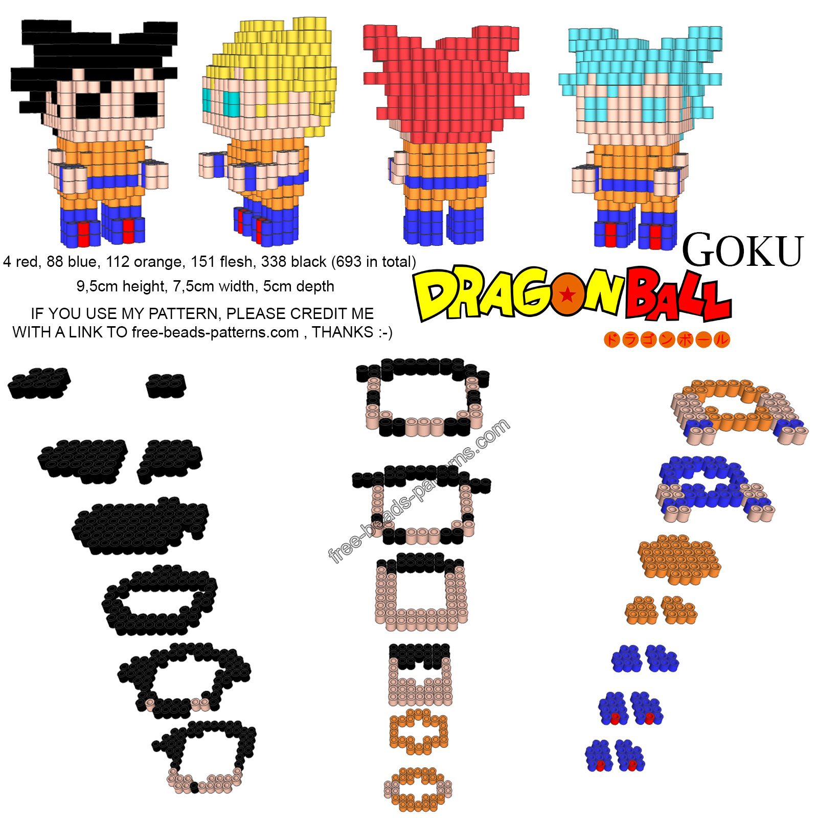 3D Hama Beads Perler Artkal free pattern Goku from Dragonball