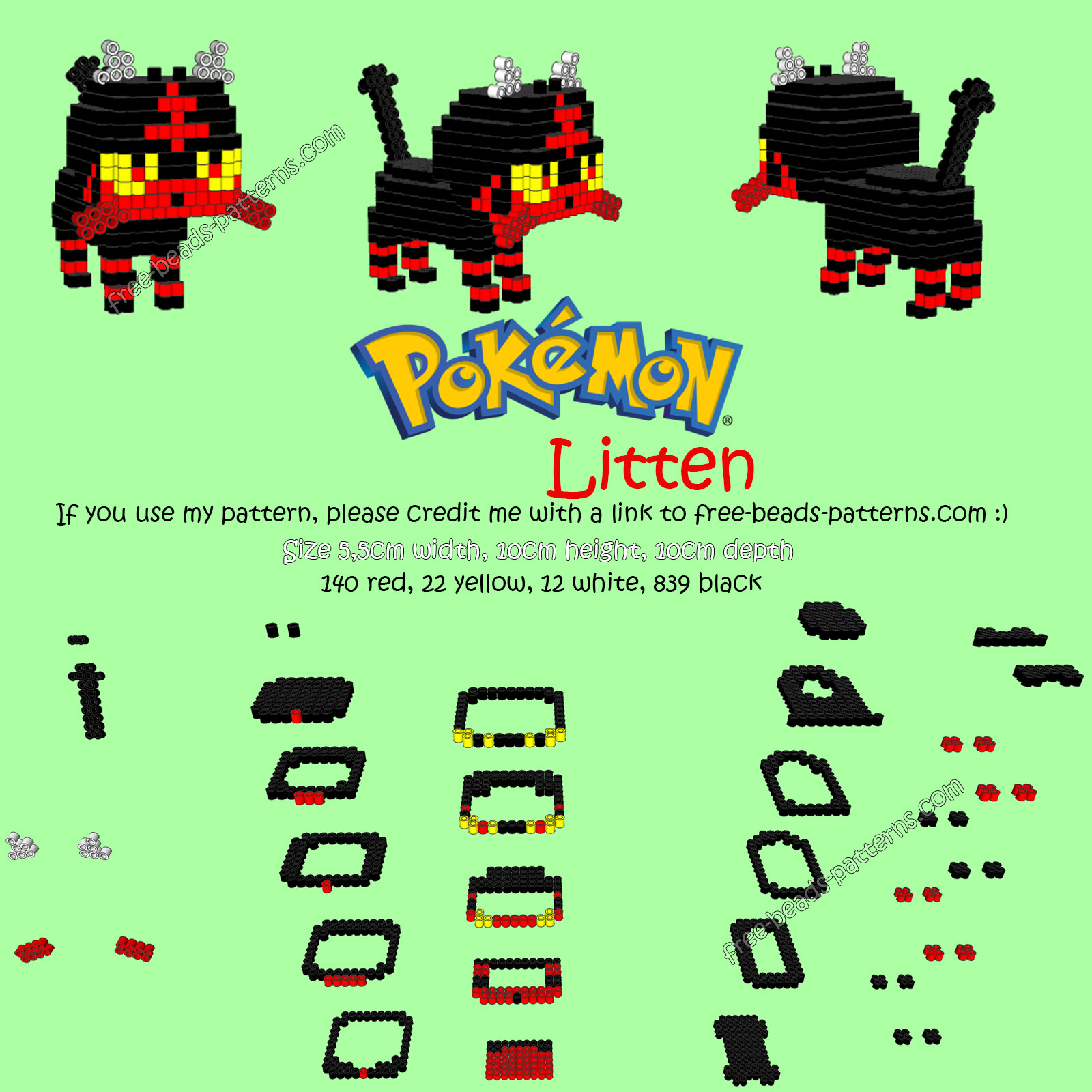 3D Hama Beads Perler Artkal pattern Litten Pokemon Sun Moon