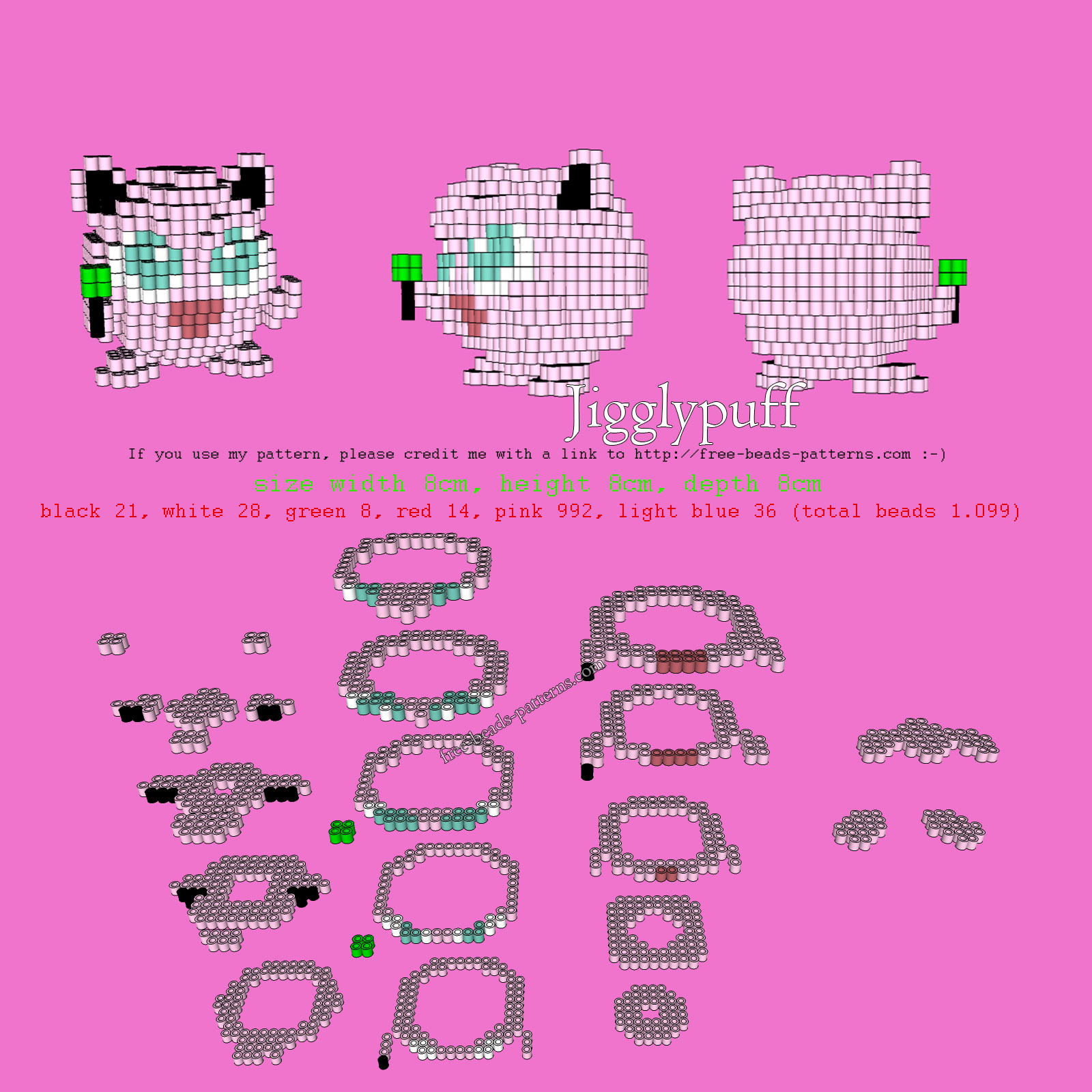3D Pokemon Jigglypuff perler beads hama beads free pattern