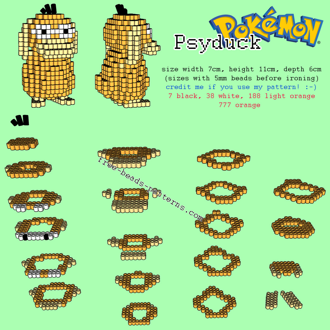 3D Pokémon Psyduck perler beads hama beads pyssla free pattern tutorial