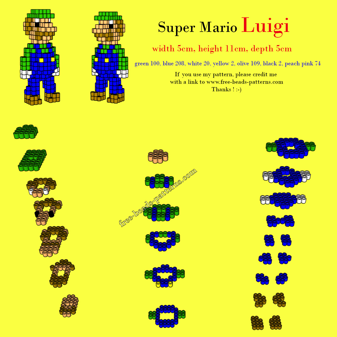 3D perler beads Super Mario Luigi free pattern