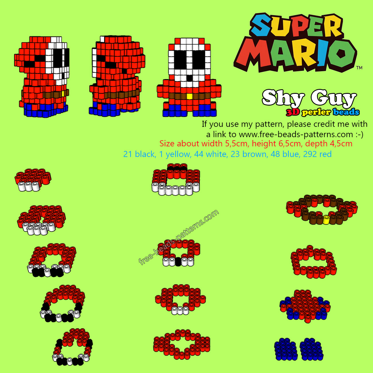 3D perler beads pattern Shy Guy from Super Mario