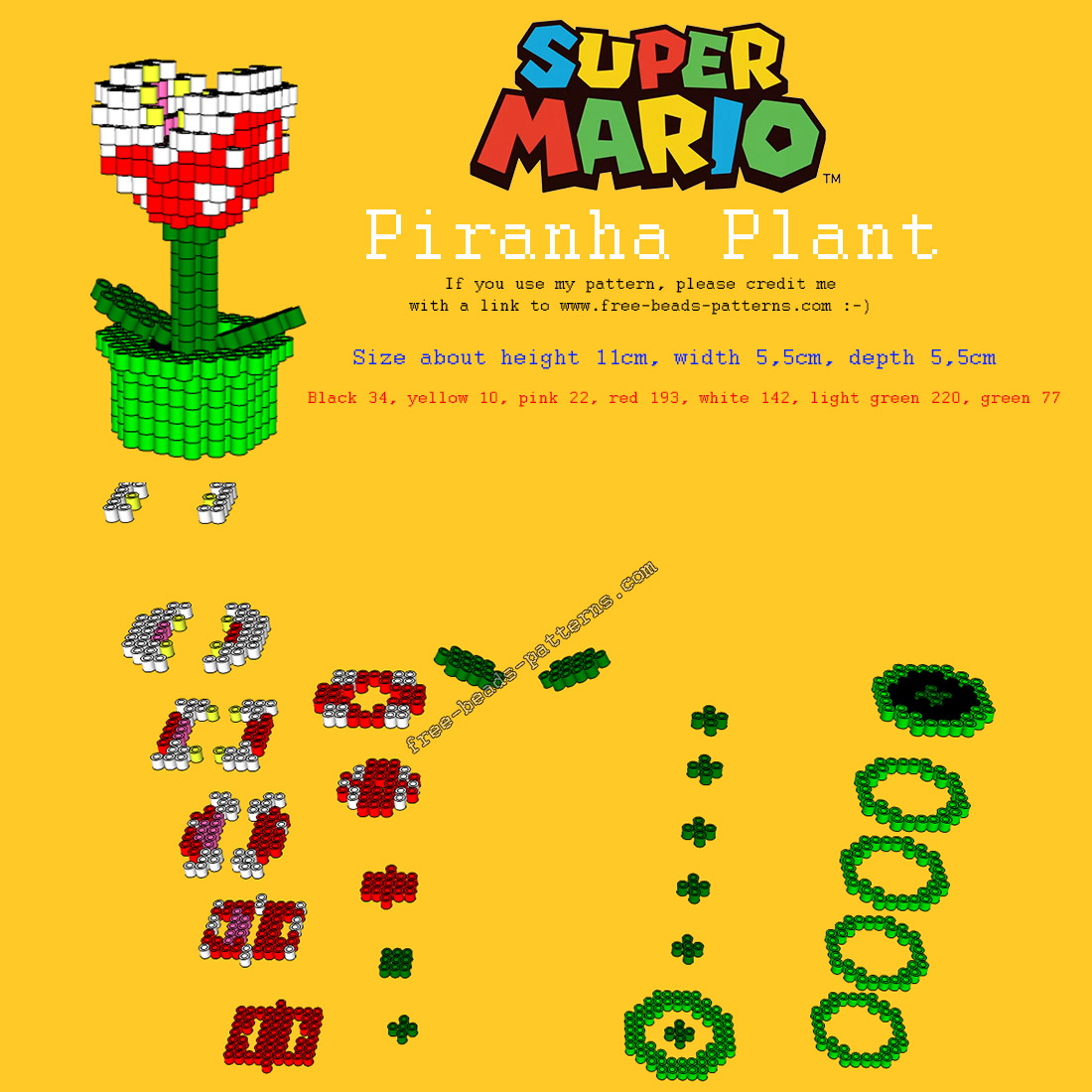 3D perler beads tutorial pattern Piranha Plant from Super Mario