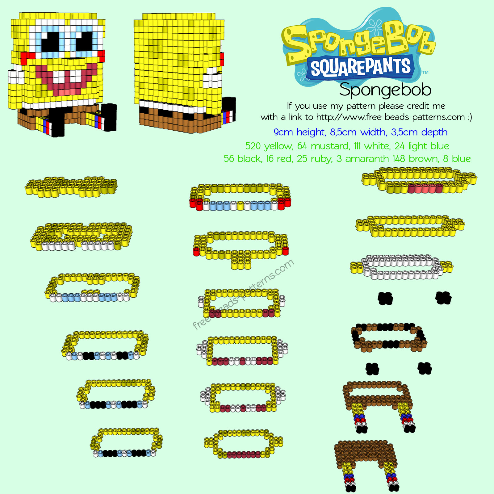 3D perler hama beads Spongebob Squarepants free pattern