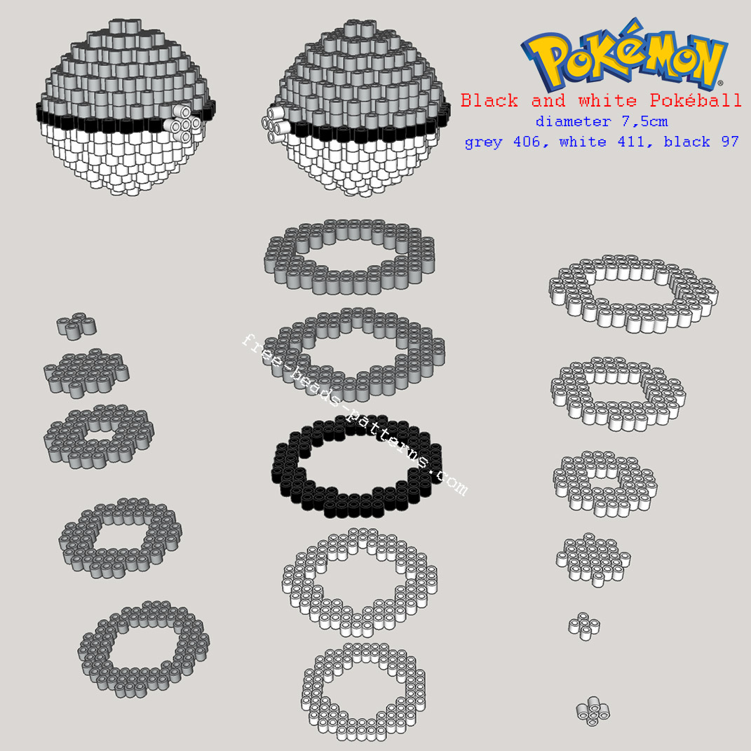 Black and white Pokemon Pokeball 3D perler beads pattern tutorial