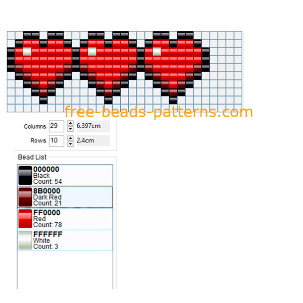 Bracelet with Minecraft red hearts free perler beads pattern Hama Beads