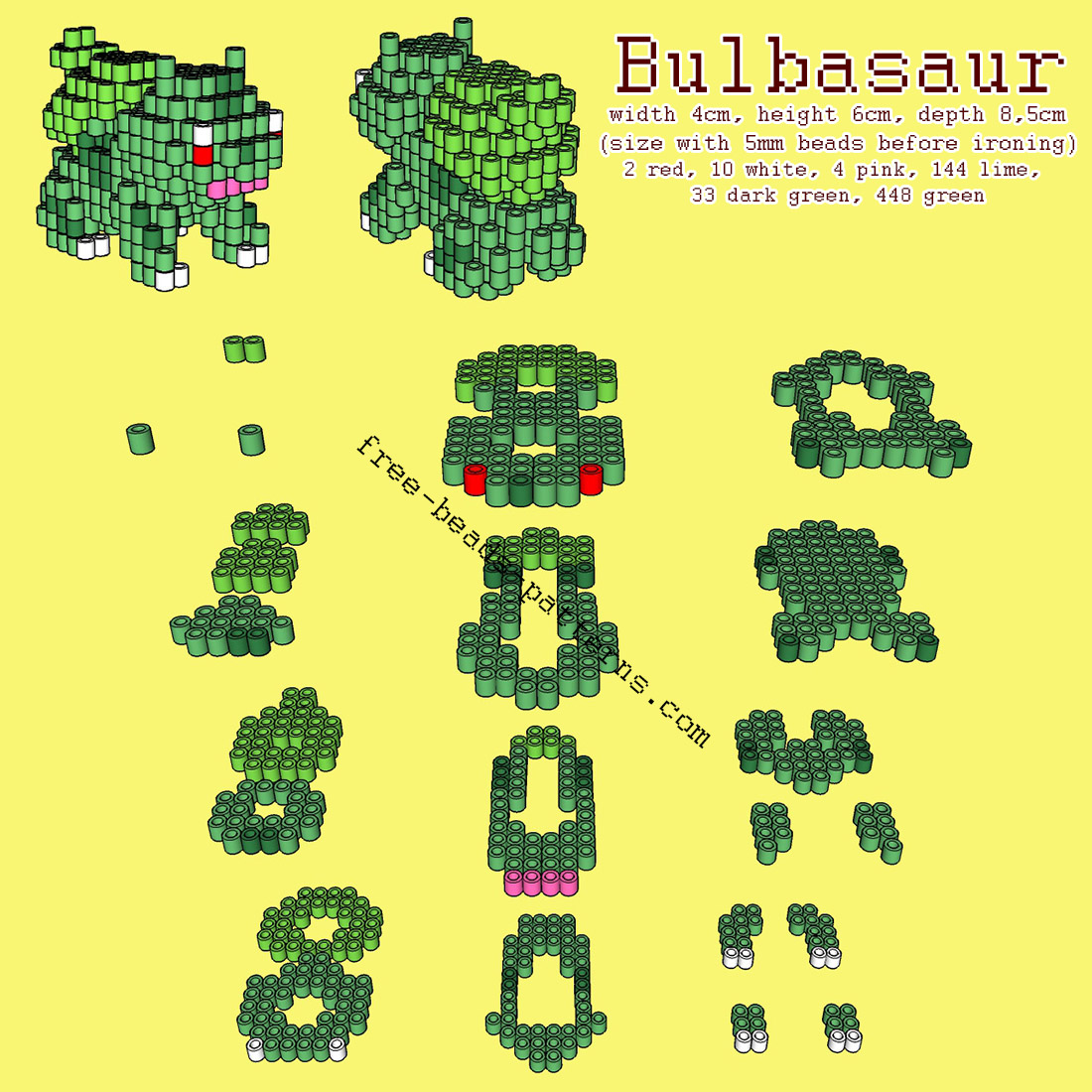 Bulbasaur Pokemon free 3D perler beads Hama Beads pattern tutorial