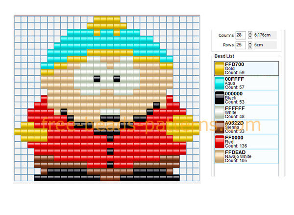 Cartman South Park cartoon character free perler beads pattern Hama Beads 28 x 25 7 colors