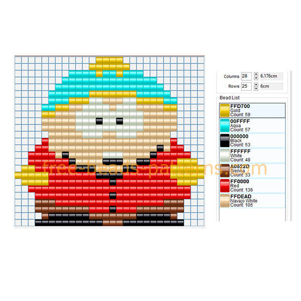 Cartman South Park cartoon character free perler beads pattern Hama Beads 28 x 25 7 colors