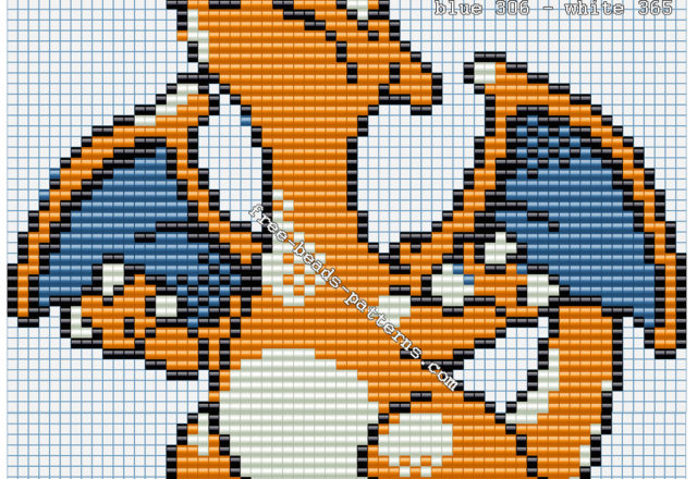 Charizard Pokemon 006 free perler beads Hama Beads pattern 64 x 62 4 colors