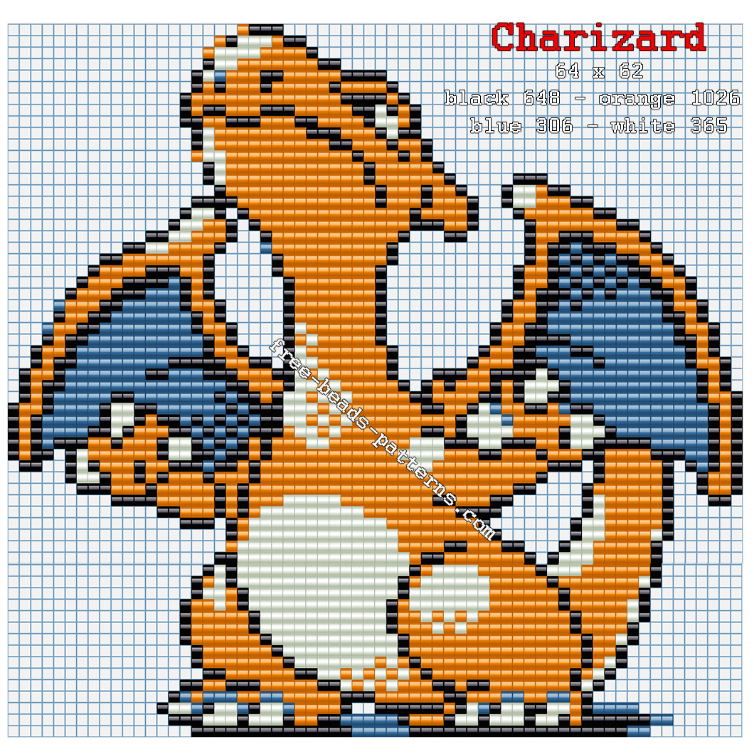 Charizard Pokemon 006 free perler beads Hama Beads pattern 64 x 62 4 colors
