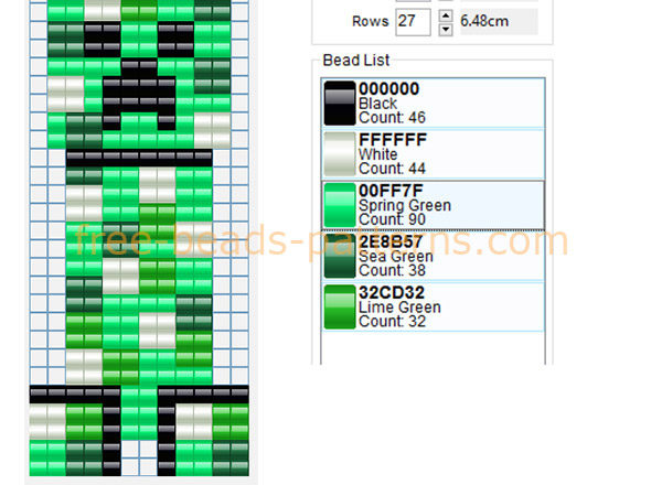 Creeper videogame Minecraft enemy free perler beads pattern download 12 x 27 5 colors