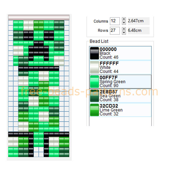 Creeper videogame Minecraft enemy free perler beads pattern download 12 x 27 5 colors