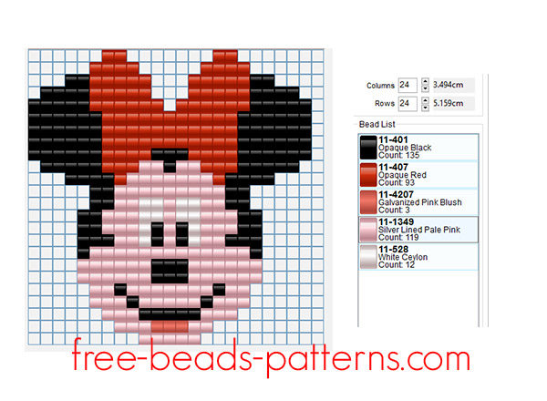 Disney Minnie Mouse face free Hama Beads Pyssla pattern for children 24 x 24 5 colors