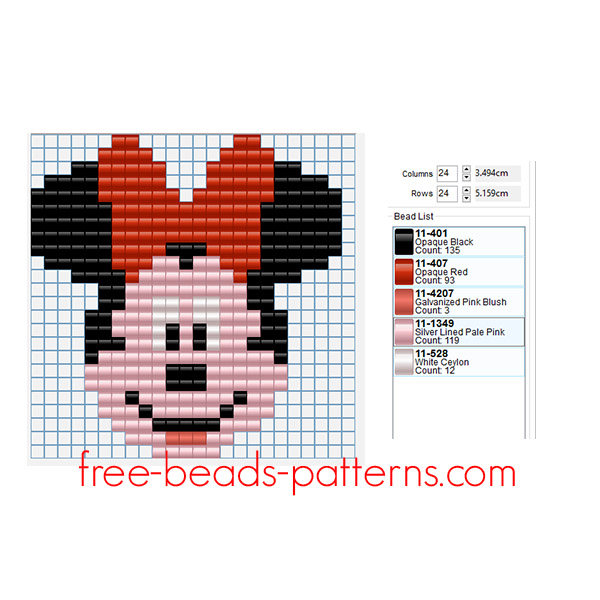 Disney Minnie Mouse face free Hama Beads Pyssla pattern for children 24 x 24 5 colors