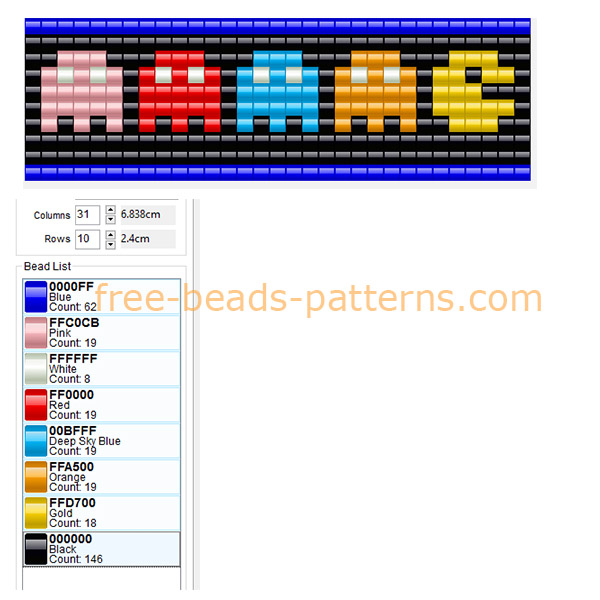 Free perler beads pattern bracelet with Pacman and enemies