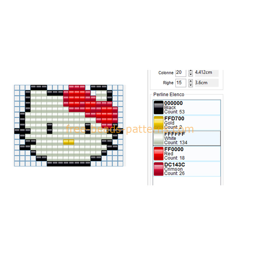 Hello Kitty face with a red bow free Hama Beads pattern download 20 x 15 5 colors