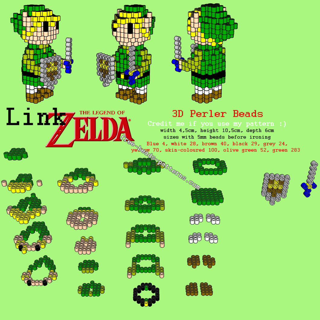 Link from The Legend Of Zelda free 3D Perler Beads Hama Beads Pyssla pattern tutorial