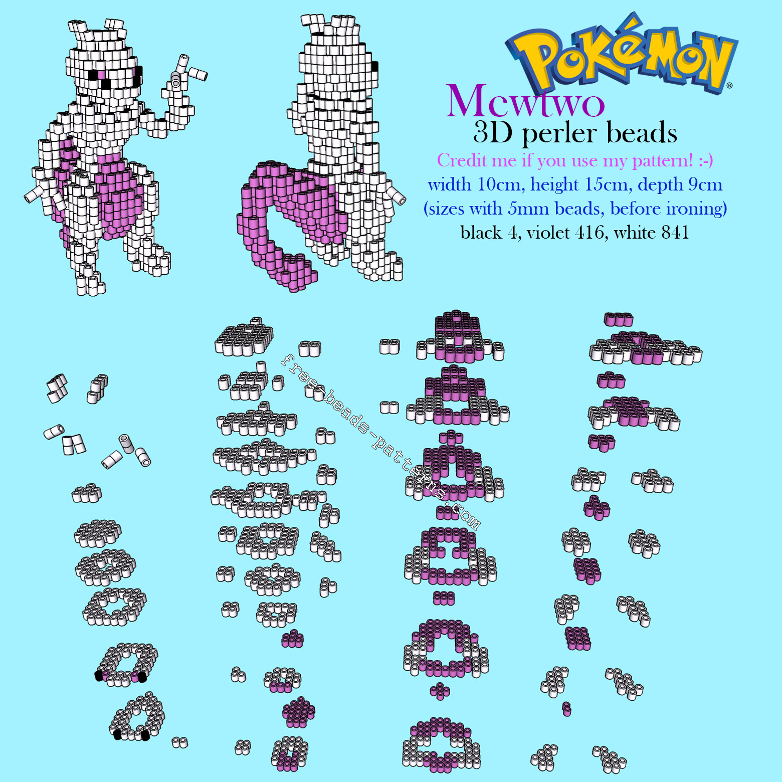 Mewtwo Pokemon 3D perler beads hama beads pixelart free pattern tutorial
