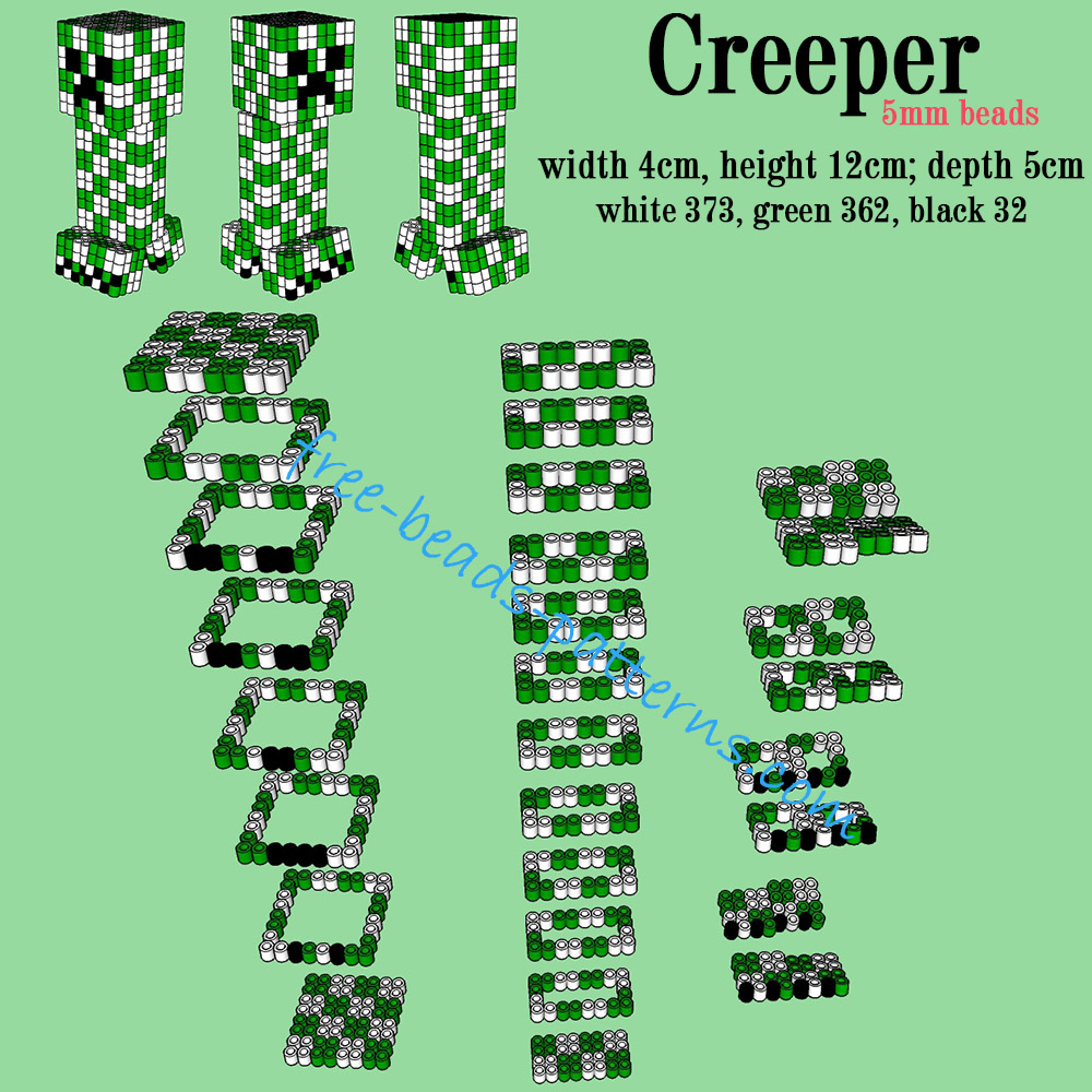 Minecraft Creeper 3D perler beads Hama Beads Pyssla pattern tutorial