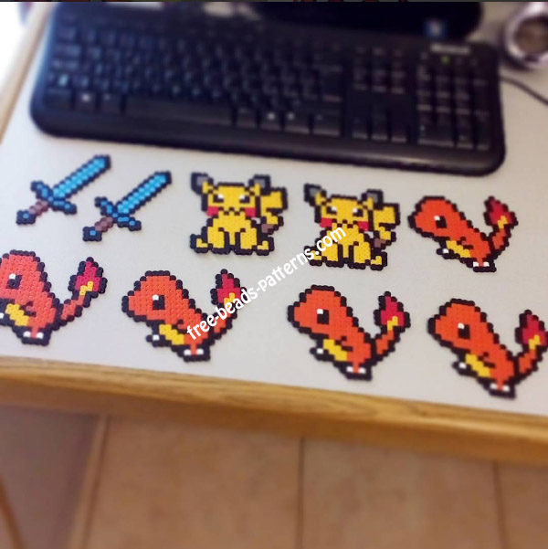 Minecraft swords Pikachu and Charmander perler beads work photos (1)