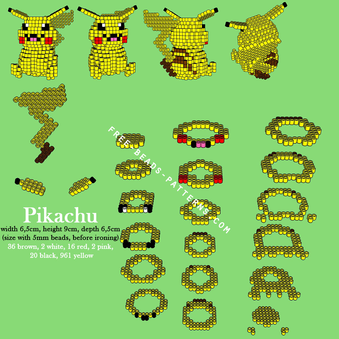 Pikachu Pokemon 3D Perler Beads Hama Beads Pyssla free pattern download