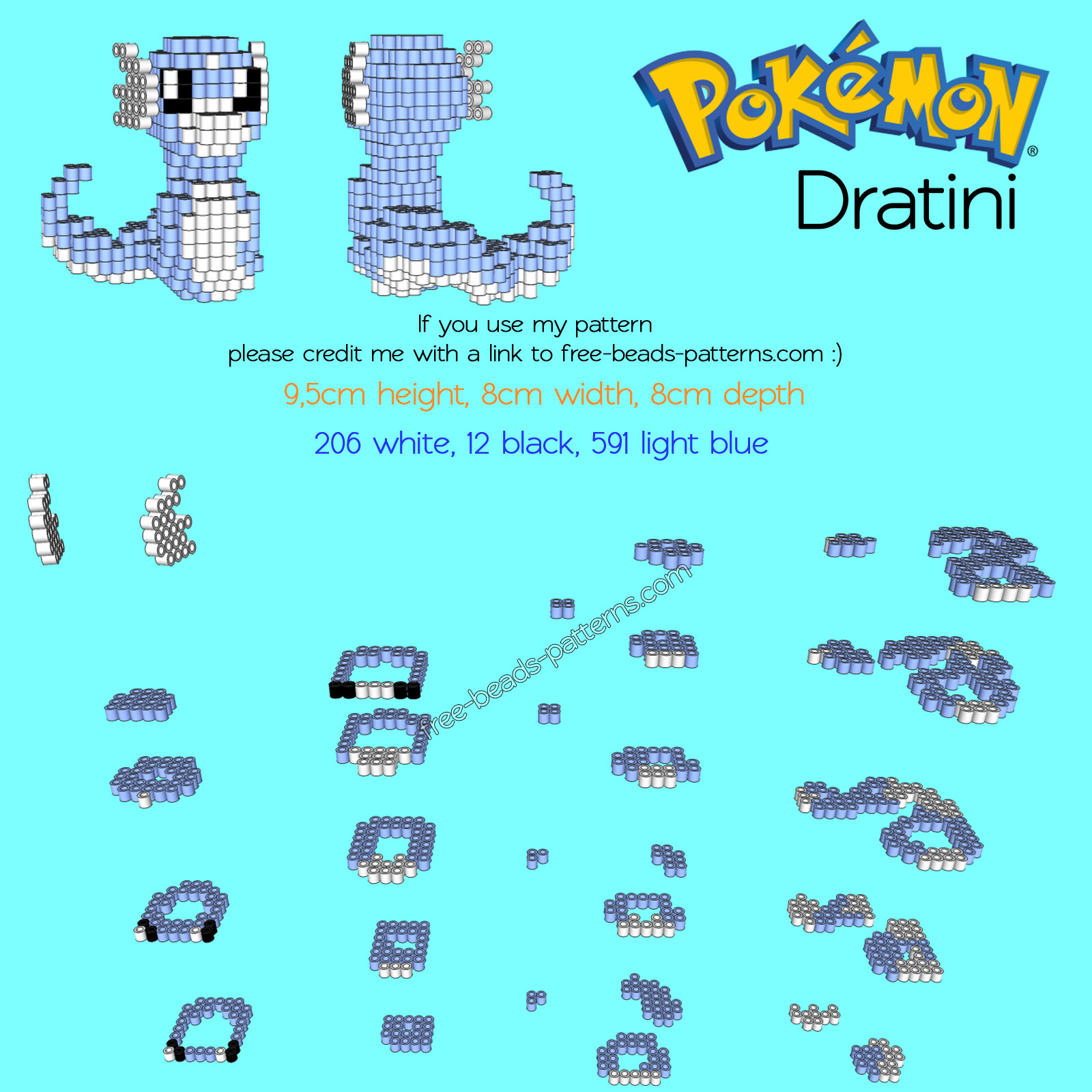 Pokemon Dratini 3D perler beads hama beads pyssla pattern tutorial