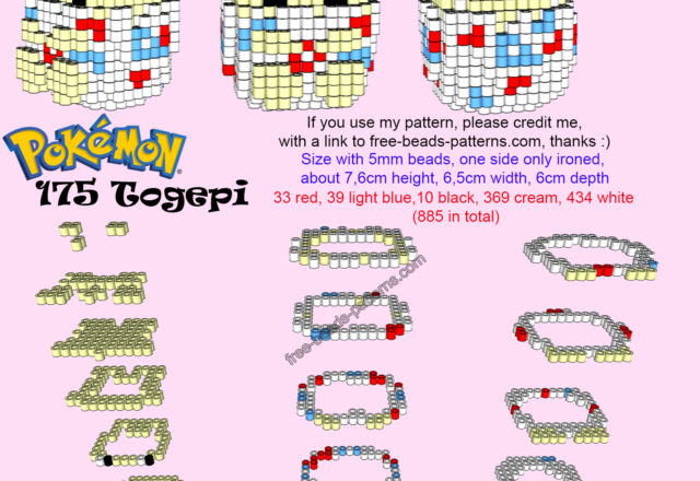 Pokemon Togepi free 3D Hama Beads Perler Artkal pattern tutorial