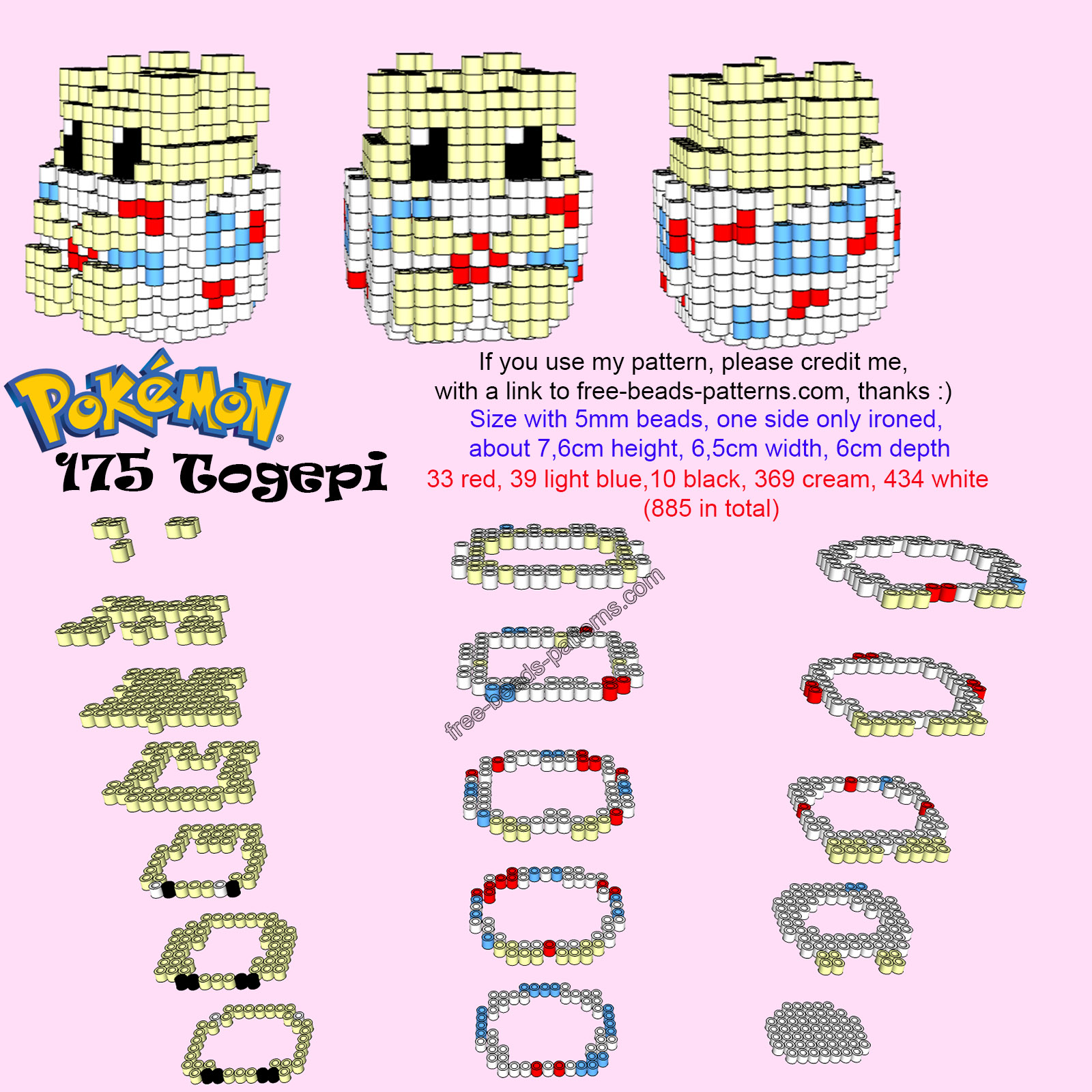 Pokemon Togepi free 3D Hama Beads Perler Artkal pattern tutorial