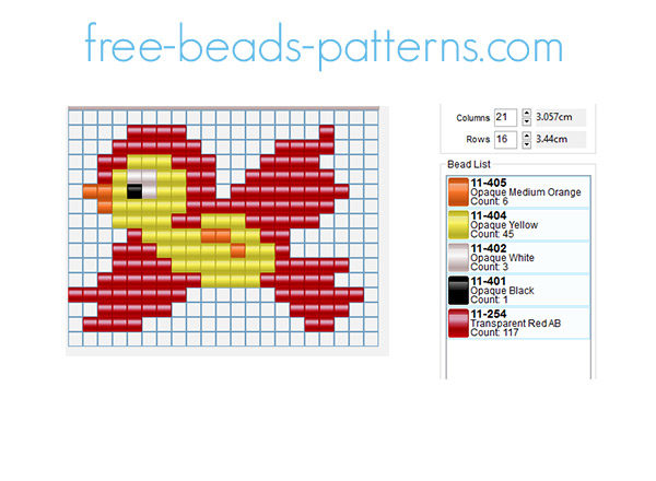 Red and yellow bird free perler beads Pyssla pattern for children size 19 x 14 5 colors