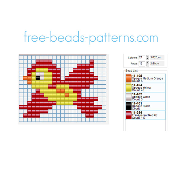 Red and yellow bird free perler beads Pyssla pattern for children size 19 x 14 5 colors