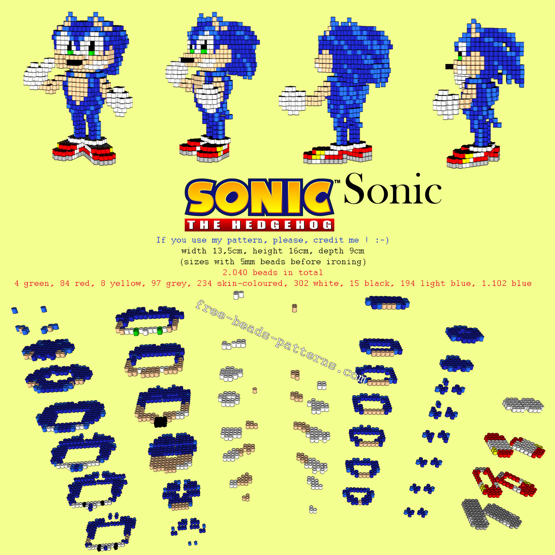 Sonic The Hedgehog Sega videogames free 3D perler beads hama beads pattern tutorial