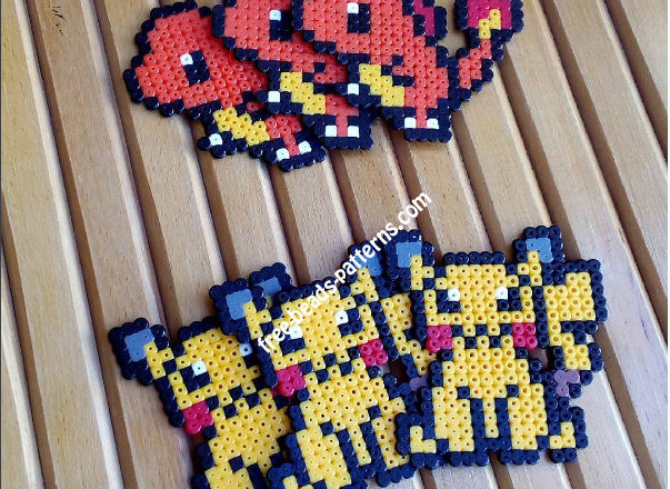 Three Pikachu and three Charmander fuse beads work photo