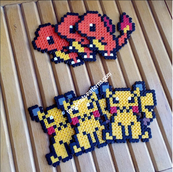 Three Pikachu and three Charmander fuse beads work photo