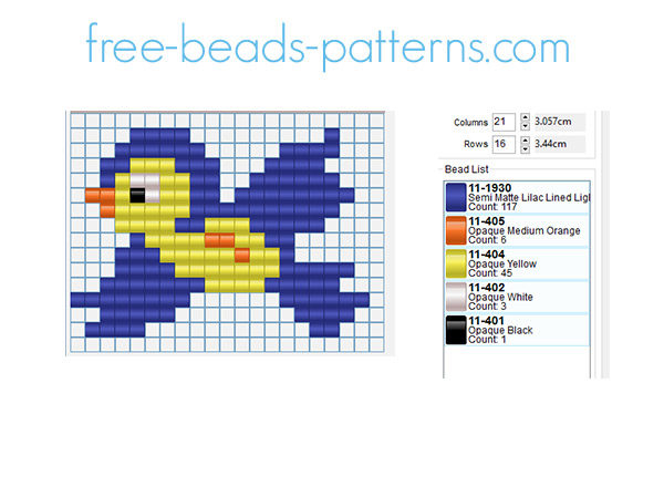 Yellow and light blue bird free pony beads seed beads pattern for children