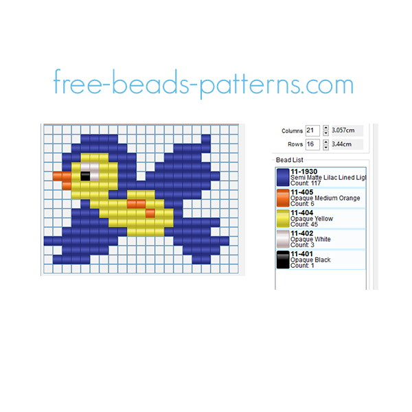 Yellow and light blue bird free pony beads seed beads pattern for children